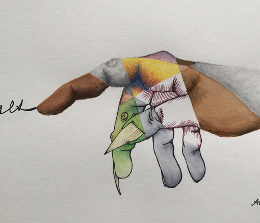 Künstlerisch-grafische Darstellung einer Hand, die mit dem Zeigefinger das Wort "Vielfalt" auf Papier zeichnet. Die Hand ist in geometrische Abschnitte geteilt und in jedem Bereich unterschiedlich gestaltet.